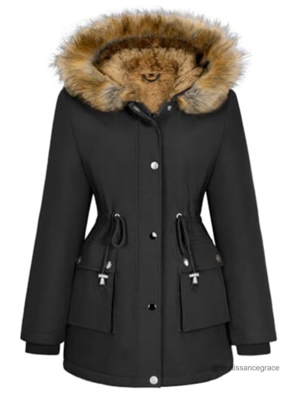 Fleece Lined Parka Jacket Faux Fur Hood Winter Coat